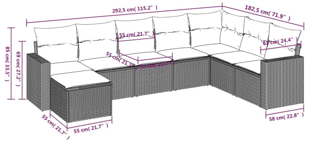 8 pcs conjunto de sofás p/ jardim com almofadões vime PE bege