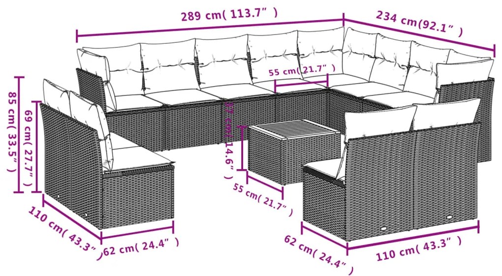 13 pcs conjunto sofás p/ jardim c/ almofadões vime PE cinzento