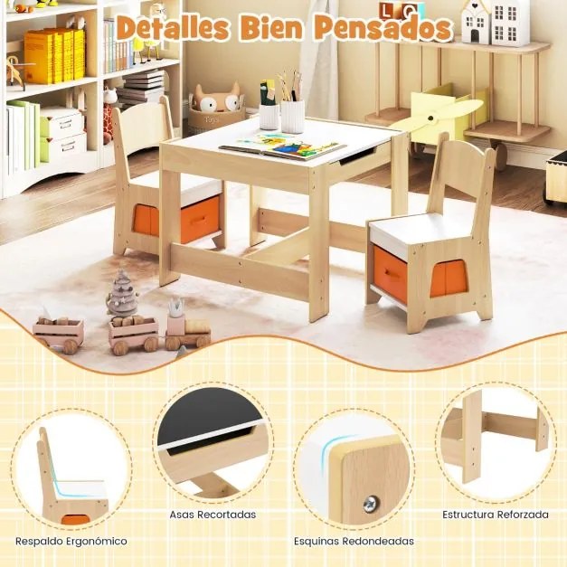 Conjunto de mesa e duas cadeiras infantis com tampo duplo, gavetas de tecido e estrutura de madeira para desenhar, ler ou brincar Natural