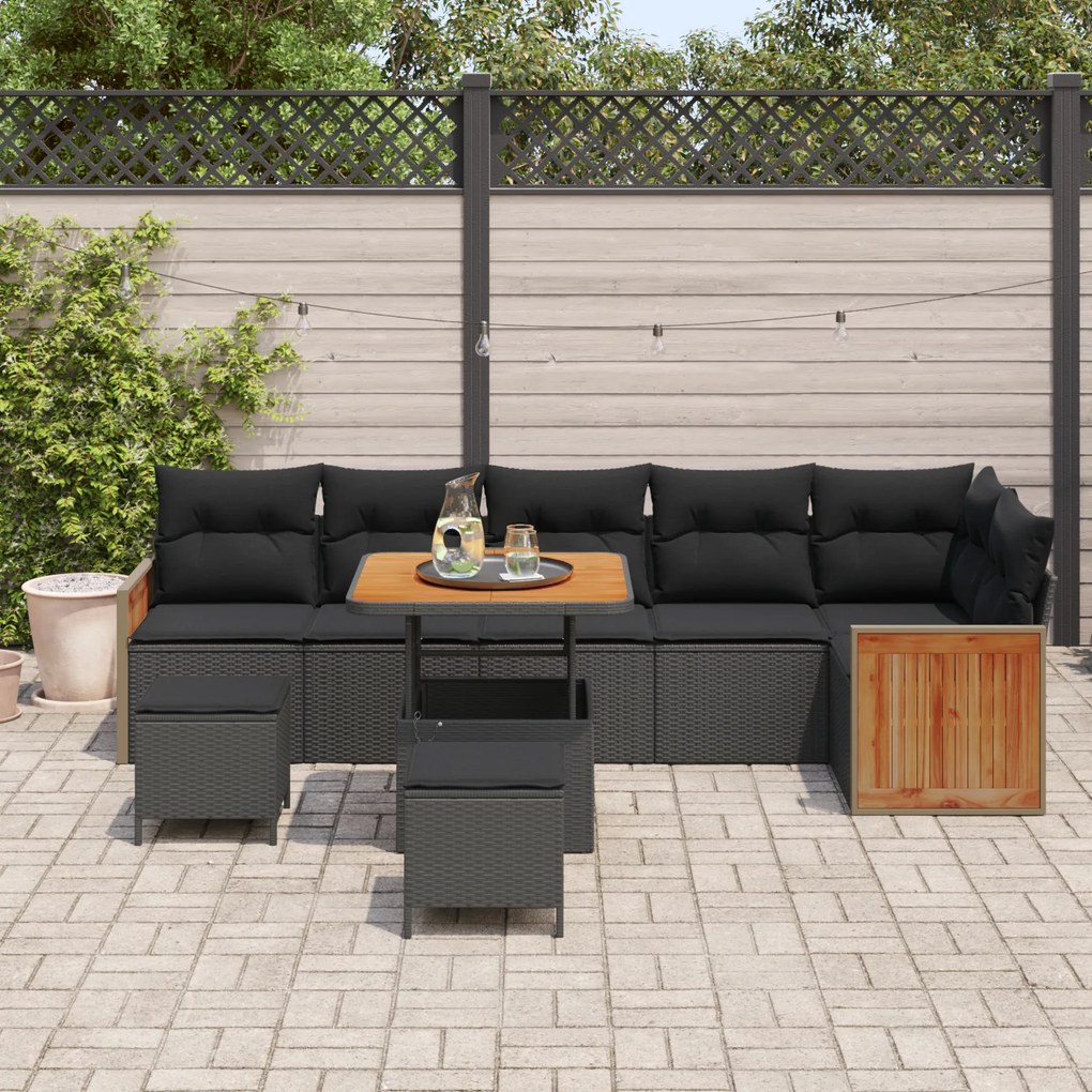 Conjunto de Sofá de Jardim vidaXL 9 Peças com Almofadas Preto Rattan P