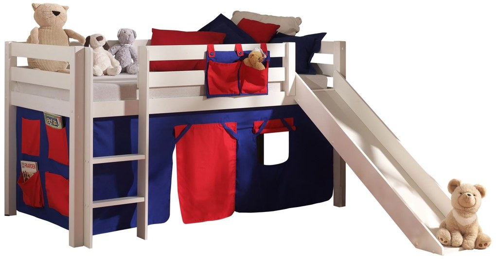Conjunto Cama alta de Criança PINO 90 x 200 cm + estrado + escada + escorrega + cortina Domino Branca