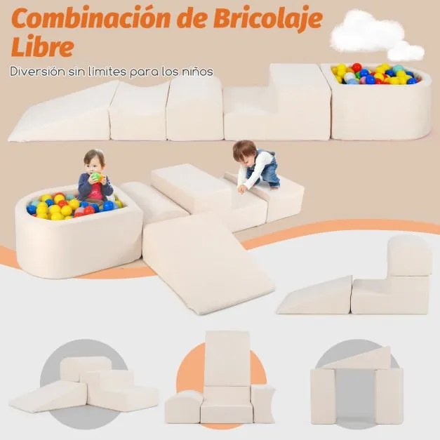 Conjunto infantil de 5 peças para trepar e fazer rampas Blocos de construção em esponja com piscina de bolas Cobertura lavável Criativo Bege