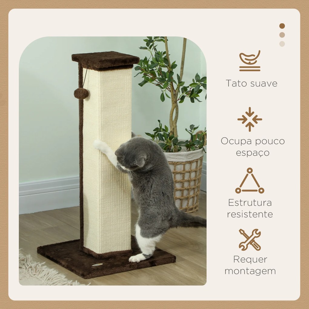 Poste Arranhador para Gatos Altura 81 cm Arranhador para Gatos com Poste de Sisal e Bola Suspensa 41x41x81 cm castanho