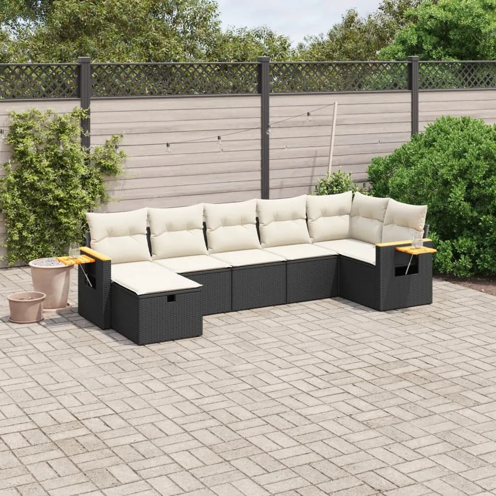 7 pcs conjunto de sofás p/ jardim c/ almofadões vime PE preto