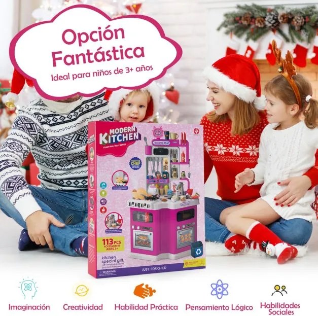Cozinha de Brincar para crianças de canto com luzes e sons realistas Fogão com vapor Pia de brinquedo e 113 acessórios Rosa