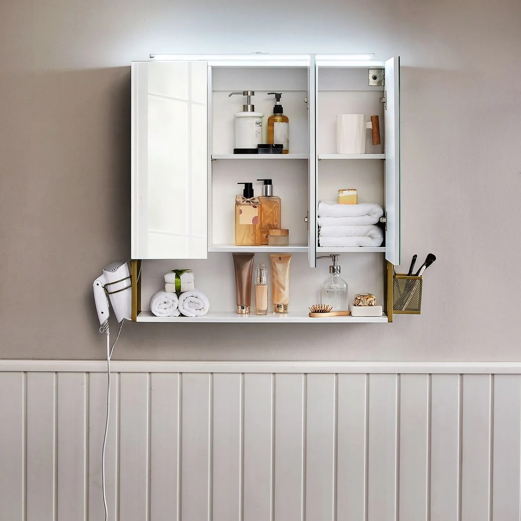 Armário de espelho com iluminação casa de banho de parede 70 x 14,5 x 70 cm branco-dourado