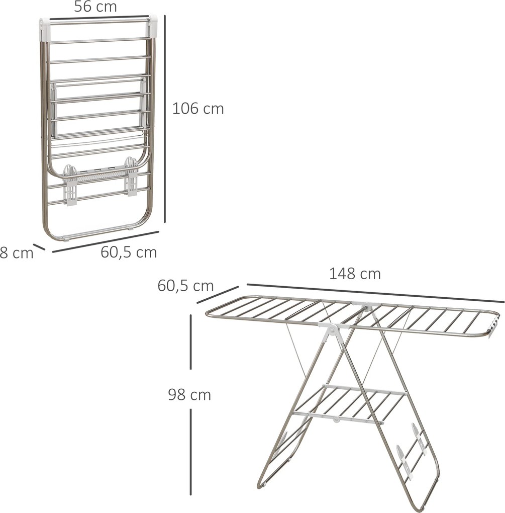 Secador de roupa com pés dobráveis, com 2 níveis ajustáveis, 148 x 60,5 x 98 cm