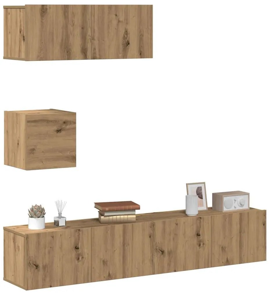 Conjunto de armário TV parede 4 pcs madeira carvalho artisiano