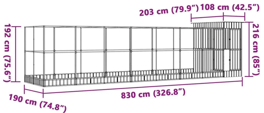 Aviário com extensão 830x203x216 cm aço prateado