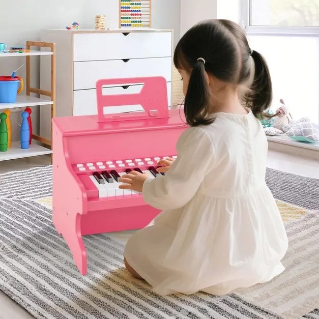 Piano de brincar com 25 teclas para crianças 38 x 24 x 29 cm, com suporte e modo de aprendizagem, velocidade e volume ajustáveis, design em madeira Ro