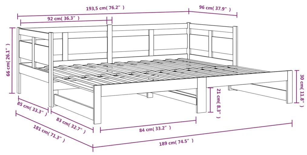 Estrutura sofá-cama de puxar pinho maciço branco 2x(90x190) cm