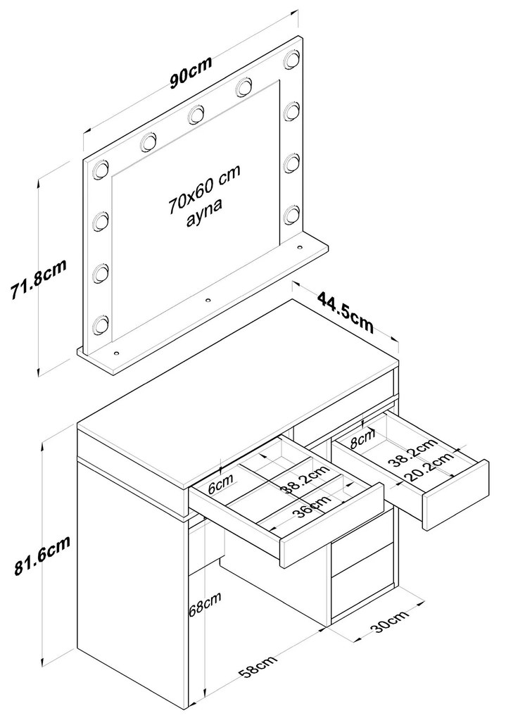 Mesa de Maquilhagem BJ115 – Branco – 90 cm x 153,4 cm x 44,5 cm