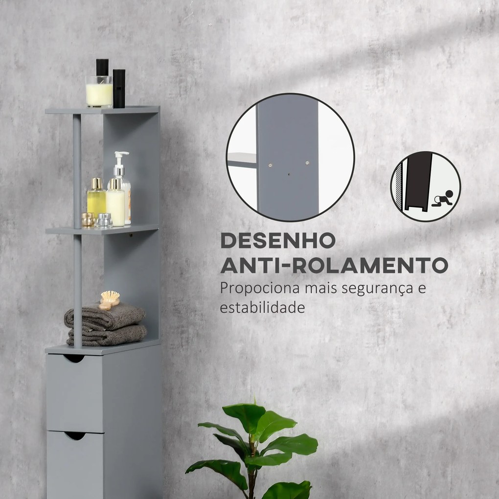 Coluna Casa de Banho Armário Compacto Casa de Banho Móvel Auxiliar com 2 Prateleiras 2 Gavetas 15x33x136,5 cm Cinza