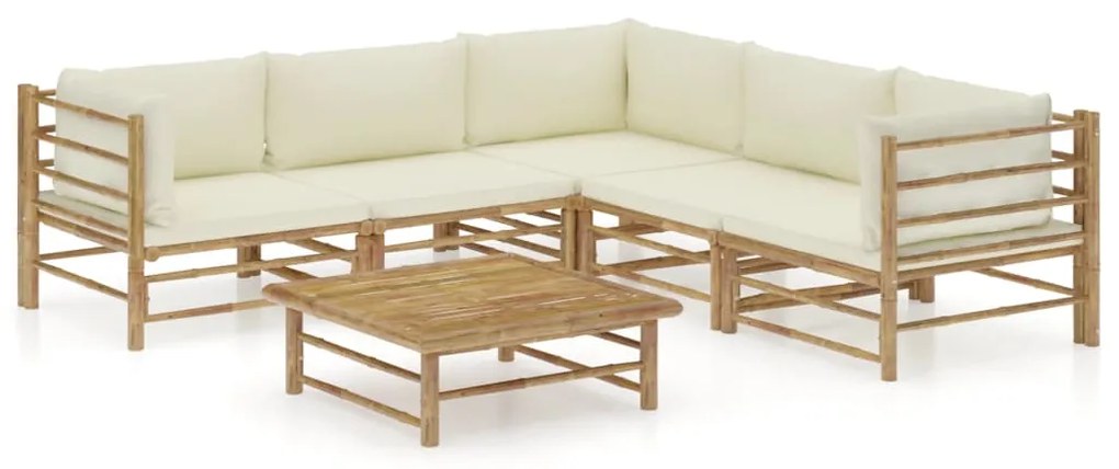 6 pcs conj. lounge p/ jardim em bambu c/ almofadões branco nata