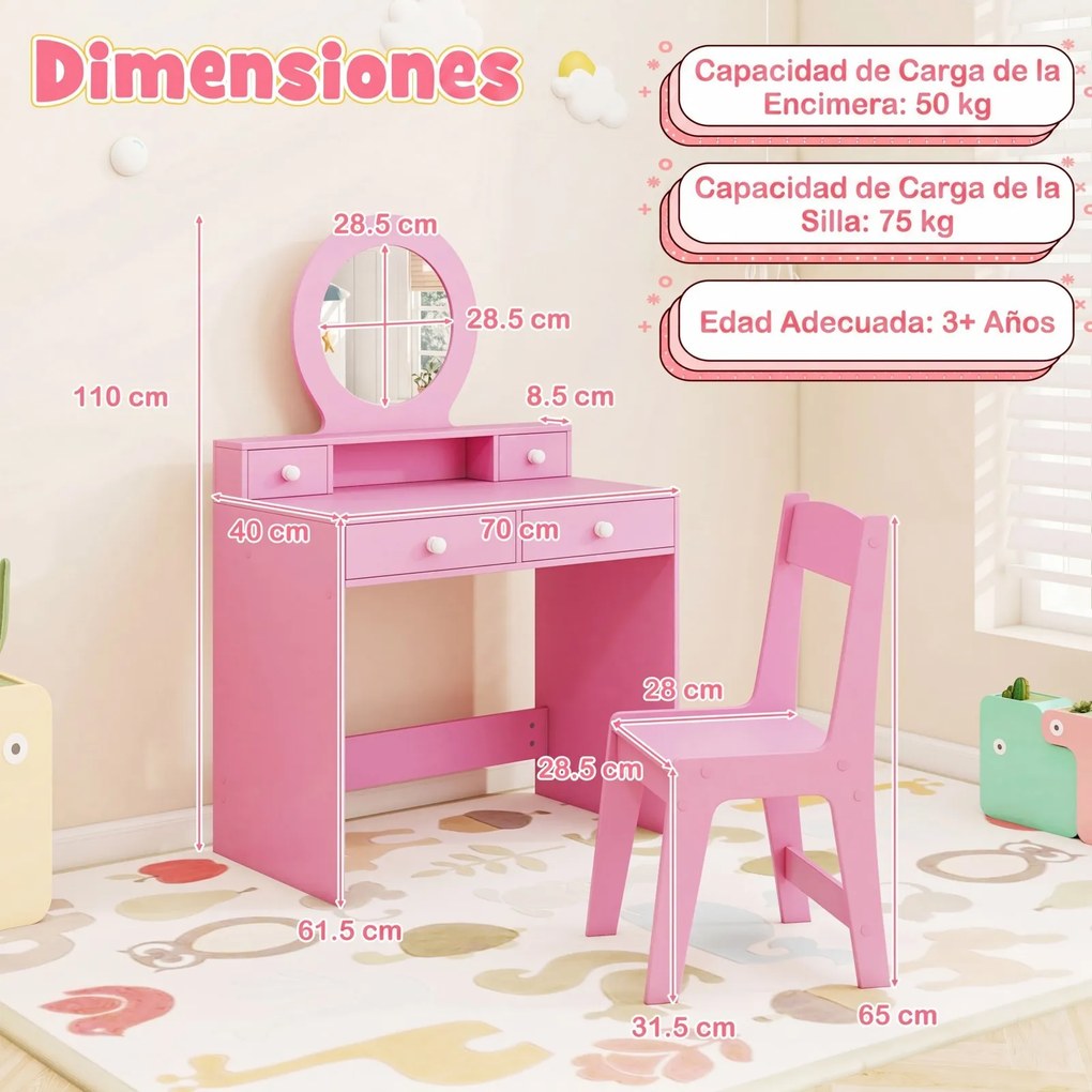 Conjunto de Toucador Infantil de Princesa com Cadeira, 70 x 40 x 110 cm, Espelho Inquebrável, Rosa