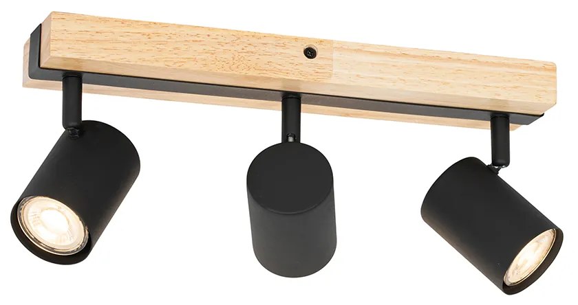 Candeeiro de teto preto com madeira 3 luzes ajustável retangular - Jeana Moderno,Industrial