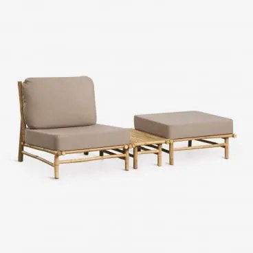 Conjunto De Jardim Com Poltrona, Puff E Mesa Auxiliar Retangular 75x40 Cm Em Bambu Isendra Tecido Castanho Moca - Sklum