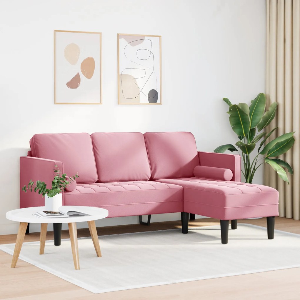 Sofá de 3 Lugares com Chaise em L Rosa Claro 160 cm Veludo