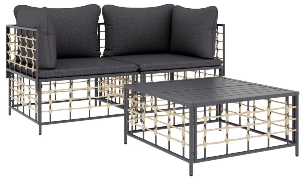 3 pcs conjunto lounge de jardim c/ almofadões vime PE antracite