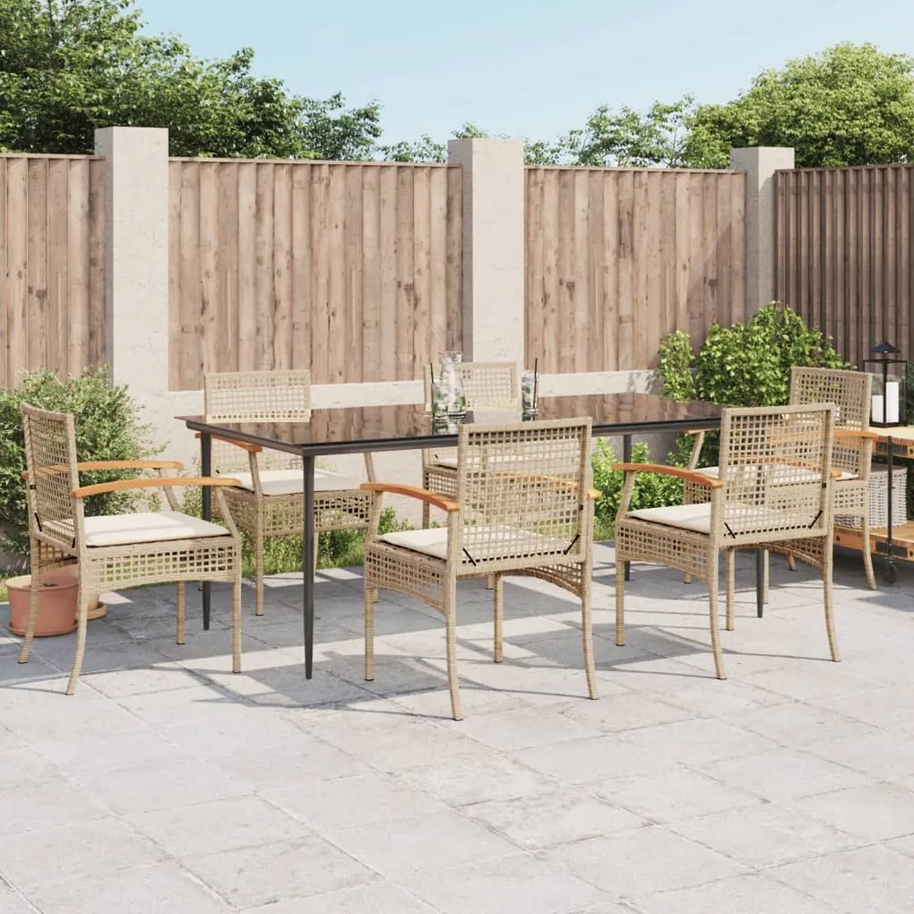 7 pcs conjunto de jantar p/ jardim com almofadões vime PE bege