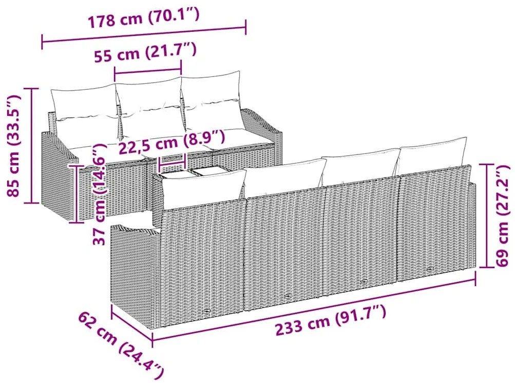 Conjunto de Jantar de Jardim com 8 Peças e Almofadas Marrons em Rattan