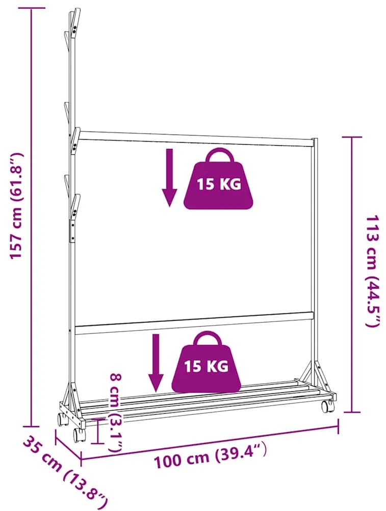 Cabide com ganchos e rodas 100x35x157 cm bambu