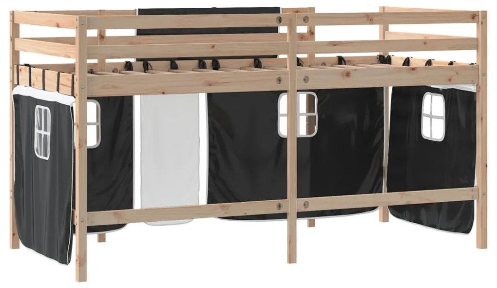 Cama alta criança c/ cortina 90x200cm pinho maciço branco/preto