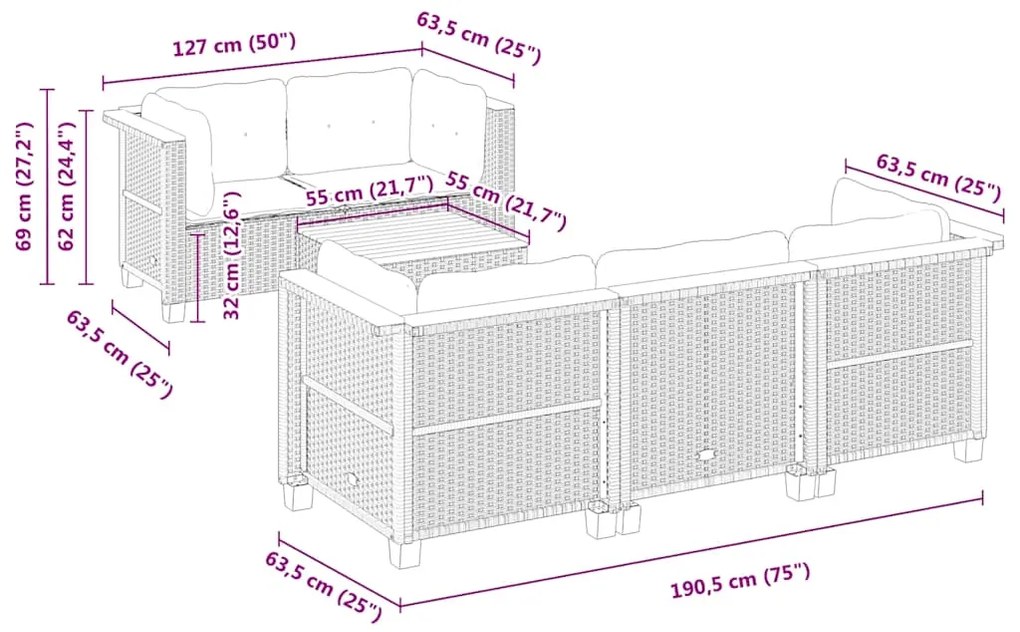 6 pcs conjunto de sofás p/ jardim com almofadões vime PE bege