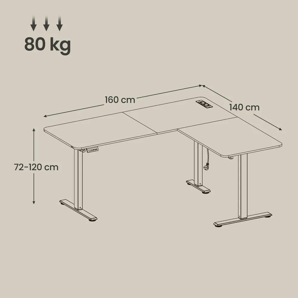 Secretária de canto com regulação elétrica da altura e estação de carregamento 160 x 140 x (72–120) cm branco