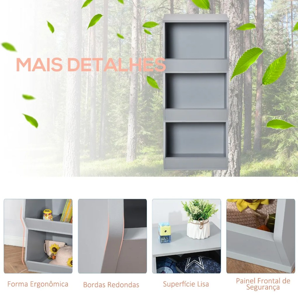 Estante Infantil de Madeira para Crianças com 3 Prateleiras de Armazenamento para Brinquedos Livros 38x34,5x90cm Cinza