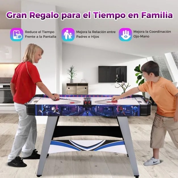 Mesa de Air hóquei com luzes LED e marcador LED 137 x 65 x 86 cm, 2 empurradores e discos, motor potente de 12V azul