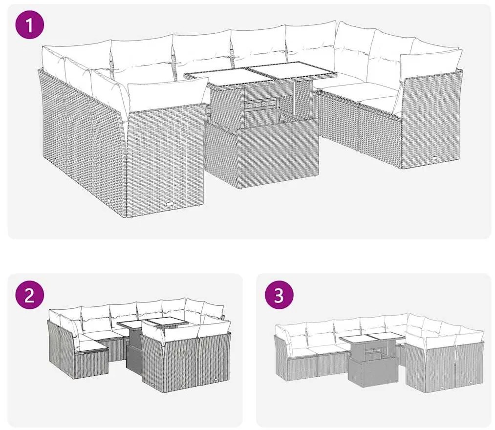 10 pcs conjunto sofás de jardim c/ almofadões vime PE cinzento