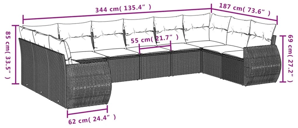 11 pcs conjunto sofás de jardim c/ almofadões vime PE cinzento