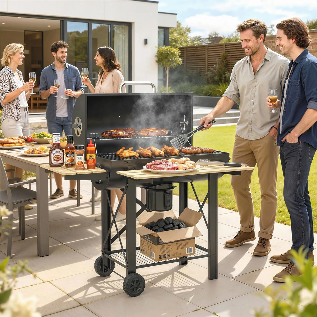 Grelhador a Carvão Portátil Móvel com Prateleiras Dobráveis Termómetro Tampa Ventilações Ajustáveis 109x71x98 cm Preto