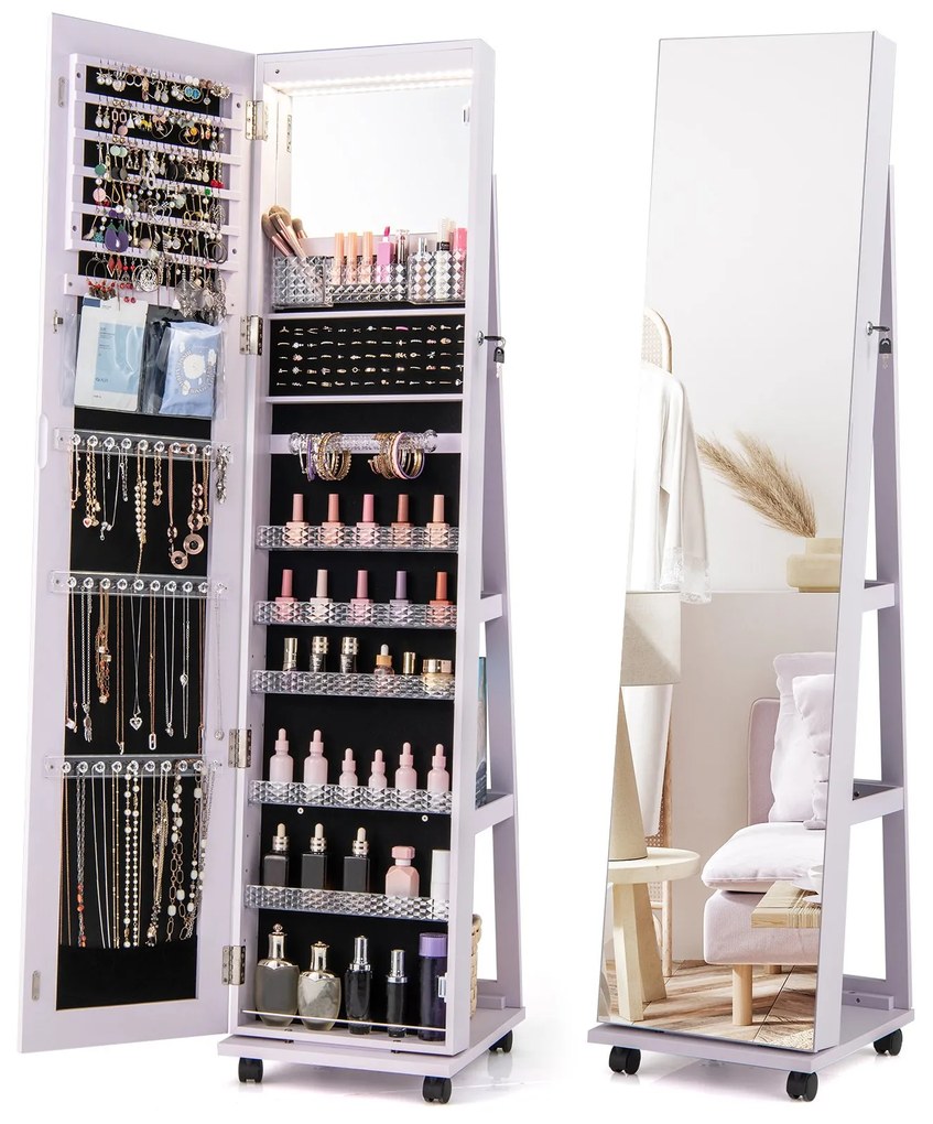 Armário para joias com fechadura de 64 polegadas e espelho de maquiagem embutido - branco