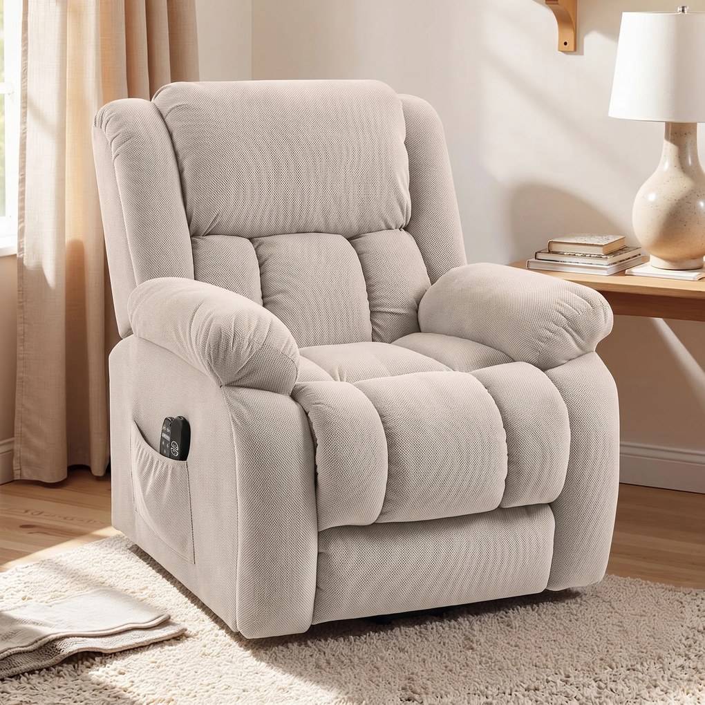 Poltrona Reclinável Elétrica Elevatória com Massagem Vibratória, Calor, Assento Largo, USB e Bolsos, Bege