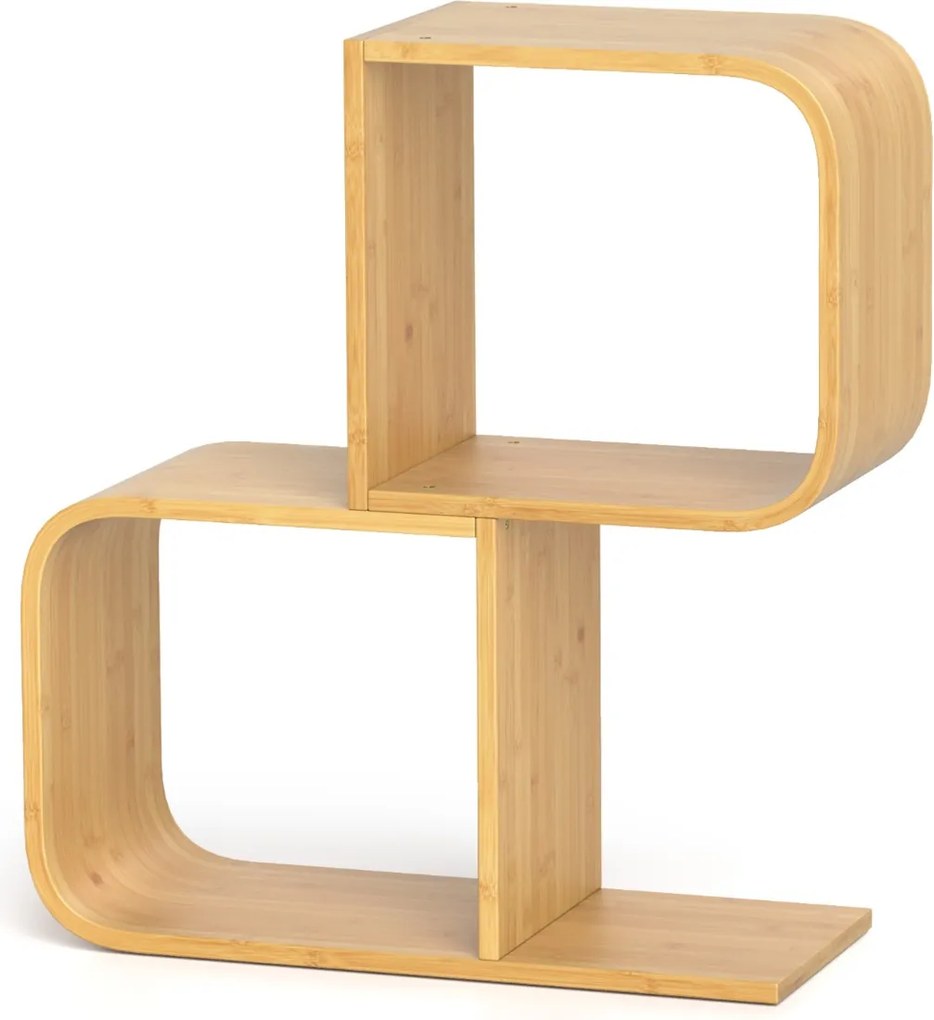 Estante de bambu de 2 níveis em forma de S com 2 cubos abertos geométrica para escritório em casa Natural