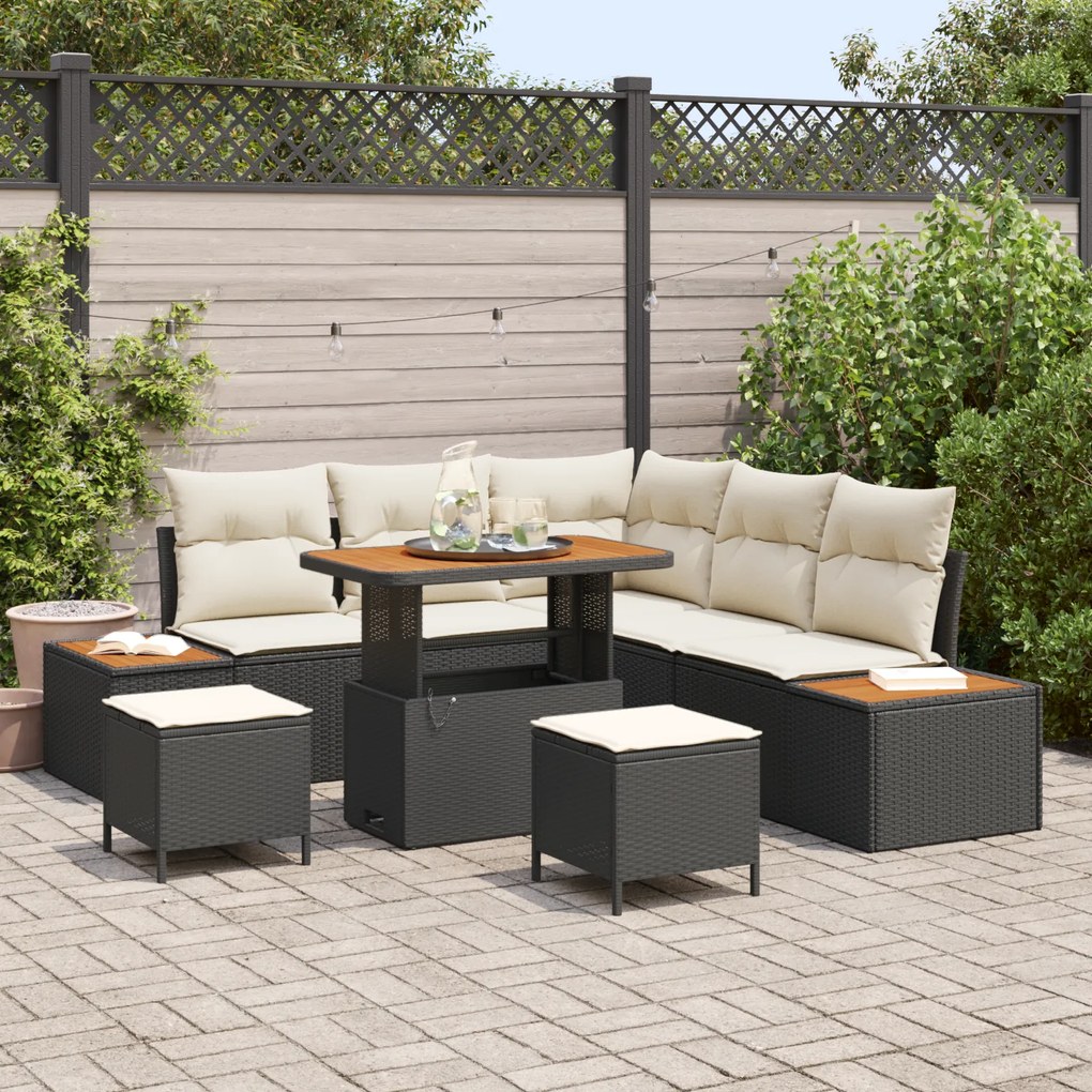 vidaXL Conjunto de Sofá de Jardim de 8 Peças com Almofadas de Vime Preto