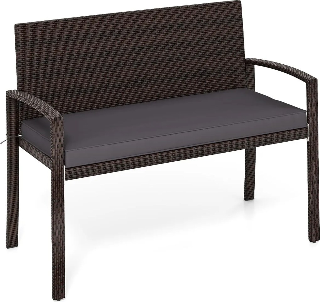Banco jardim de vime para 2 pessoas 10 x 56 x 84 cm com almofada acolchoada, assento macio, encosto e apoios para os braços - castanho e cinzenta