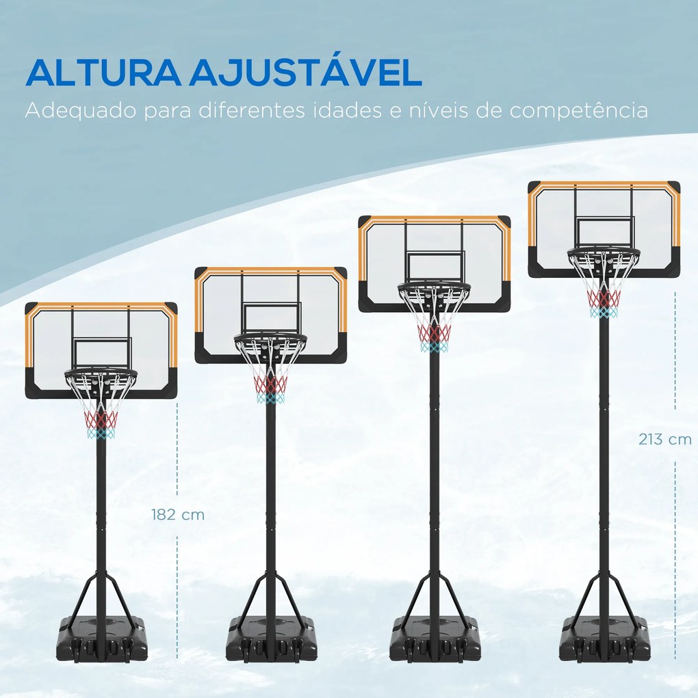Cesto de Basquetebol de Exterior com Altura Ajustável 235-264 cm Suporte para Bola Rodas e Base Recarregável Preto