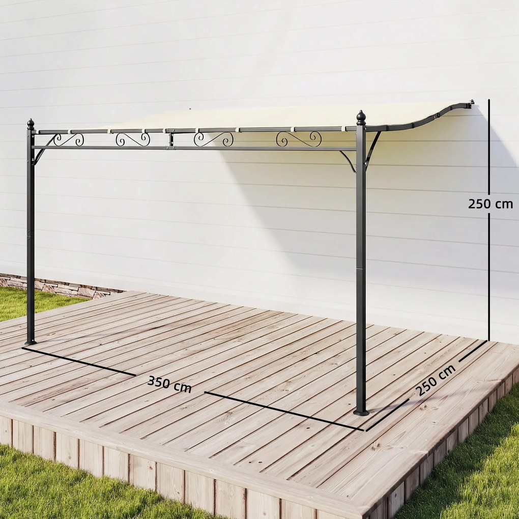 Pérgola de Parede 2,5x3,5 m com Teto Inclinado Orifícios de Drenagem e Estrutura Metálica Creme