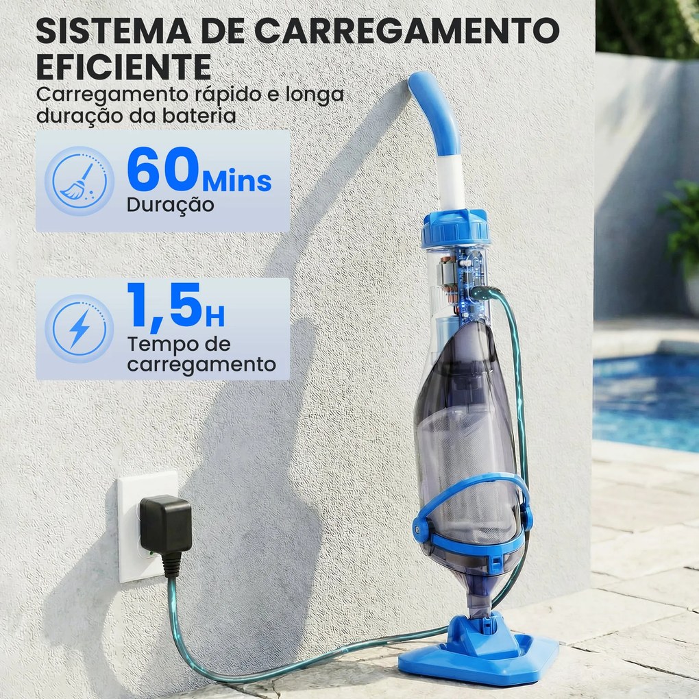 Limpa-Fundos de Piscina Manual Sem Fios com Escova e Barra Ajustável de 63-150 cm para Piscinas Pequenas Azul