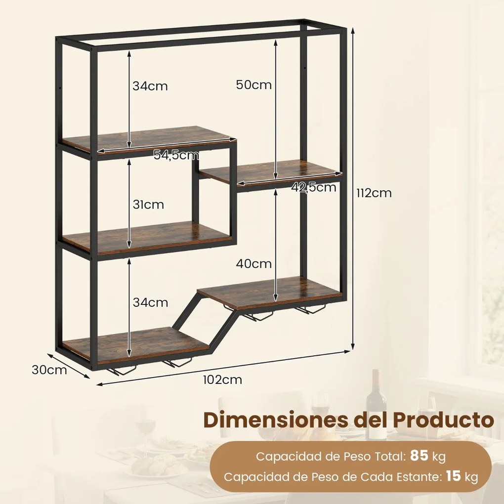 Garrafeira de parede para vinhos 102 x 30 x 112 cm com 6 prateleiras e suporte para copos Castanho rústico