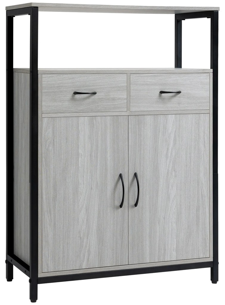 HOMCOM Armário de Sala de Estar com 2 Portas 2 Gavetas e Prateleira Ajustável Móvel Auxiliar de Armazenamento para Cozinha Sala de Jantar Dormitório Estilo Moderno 64x34x90cm Cinza