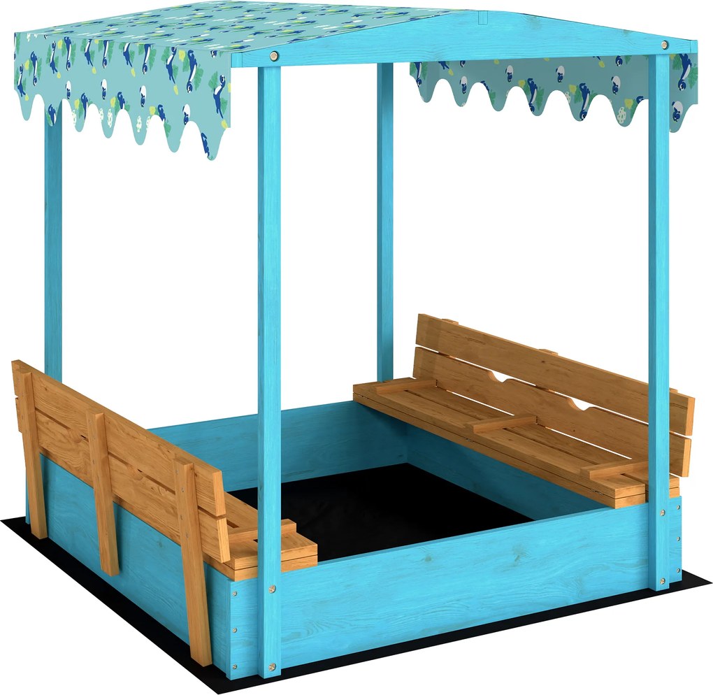 AIYAPLAY Caixa de Areia para Crianças 3-6 Anos com Cobertura Dinossauros, Assentos Dobráveis, Tampa e Forro Incluídos, Caixa de Areia em Abeto, 134.5x127.5x130 cm, Azul | Aosom Portugal
