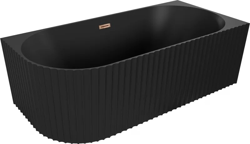 Mexen Gia banheira independente de canto canelada direita 150 x 75 cm, preto mate, transbordo ouro rosa - 52701507571P-60