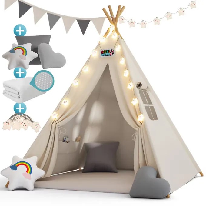 Tenda de brincar Tipi com Luzes LED 160x130x130cm branca