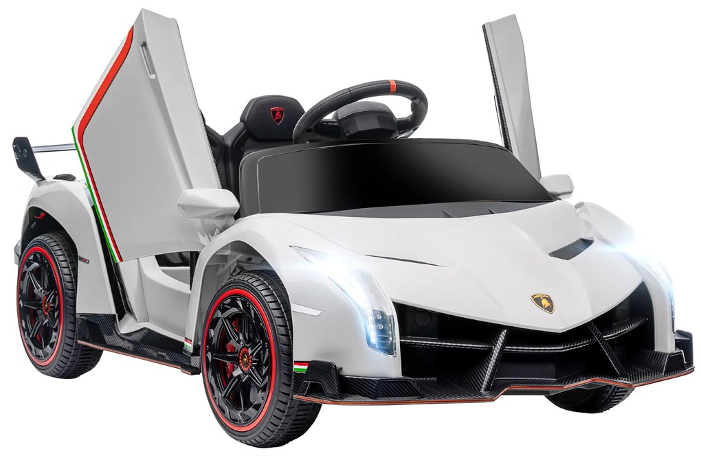 HOMCOM Carro Elétrico Lamborghini 12V Velocidade Máxima 7 km/h com Controlo Remoto MP3 Luzes e Cinto de Segurança 111x61x45 cm Branco