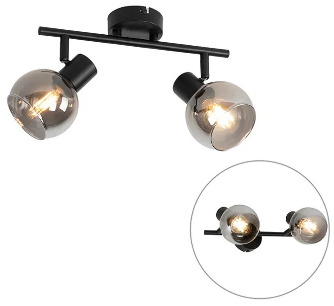 Candeeiro de teto Art Deco preto com vidro fumê 2-luzes - Vidro Art Deco