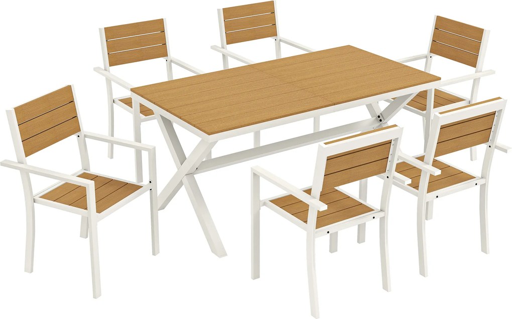 Outsunny Conjunto de móveis de jardim 7 peças Mesa com 6 Cadeiras empilháveis Aparência de madeira Estrutura em alumínio Teak | Aosom Portugal